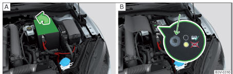 Fig. 324 Bateria do veículo: Abrir a cobertura / Indicador no nível de ácido