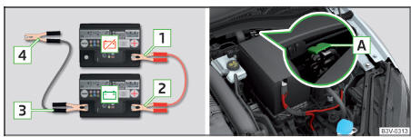 Auxílio de arranque: ¸ - bateria descarregada, f - bateria fornecedora de corrente / ponto de massa do motor no sistema START-STOP