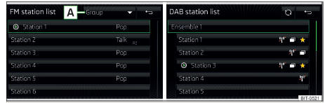  Infotainment Columbus, Amundsen, Bolero: Exemplo da lista das emissoras FM/DAB disponíveis