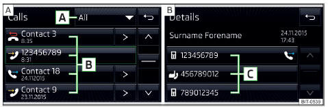 Fig. 211 Infotainment Swing: lista de chamadas / detalhes de contato