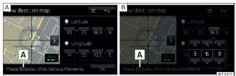  Introduzir destino: ao utilizar o ponto de mapa / com a ajuda de coordenadas GPS